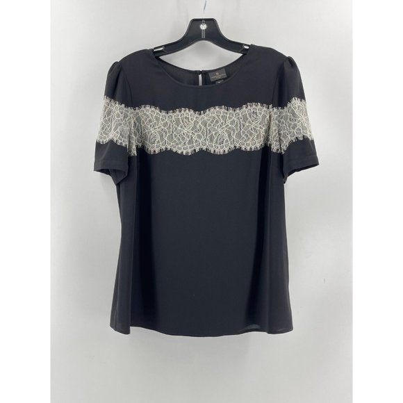 Worthington Petite Women's Black Short Sleeve Lace Trim Top Shirt Size PM - Picture 3 of 12